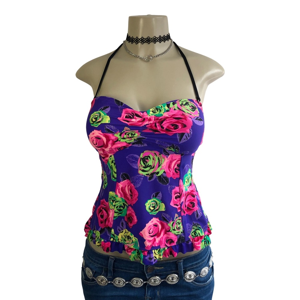 Vintage Y2K Betsey Johnson Neon Floral Bustier Halter Tankini Swim Top Purple S